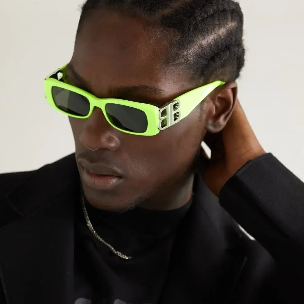 NEW Balenciaga  BB0096S 008 Yellow Silver Logo Grey Square Unisex Sunglasses